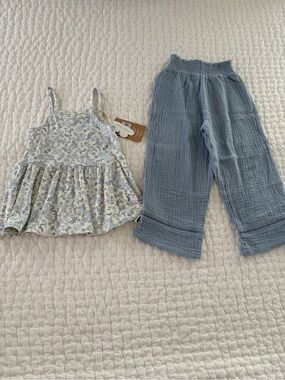NWT Angel Dear Modal Rib Floral Peplum Tank & Organic Cotton Muslin Pant 4T